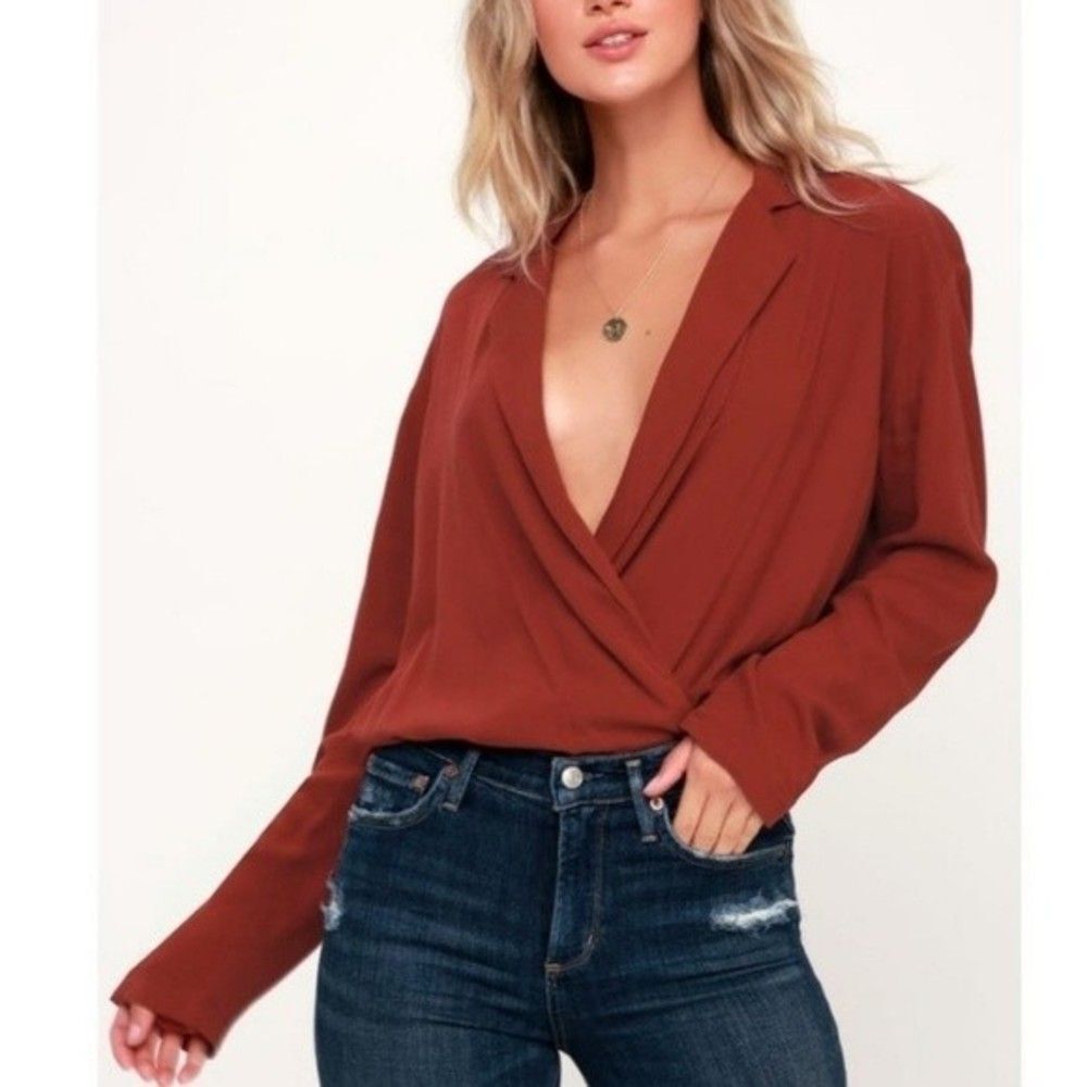 Free People Rust Red Elsa Long Sleeve Plunging Neckline Bodysuit